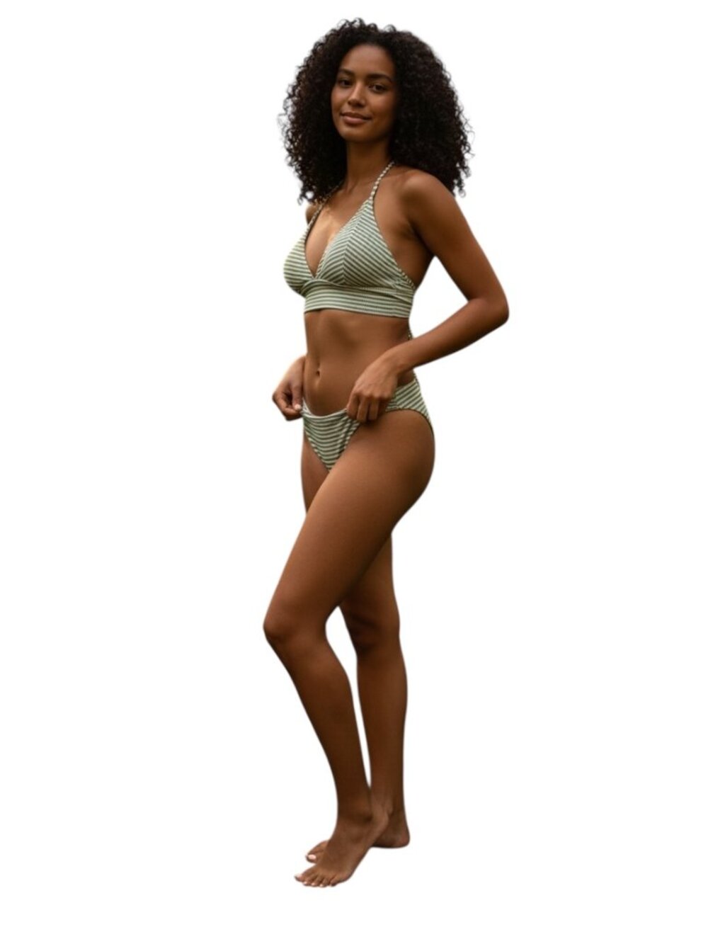 Women's 2 Piece Green/White Striped Bikini-Size L-Adjustable Straps